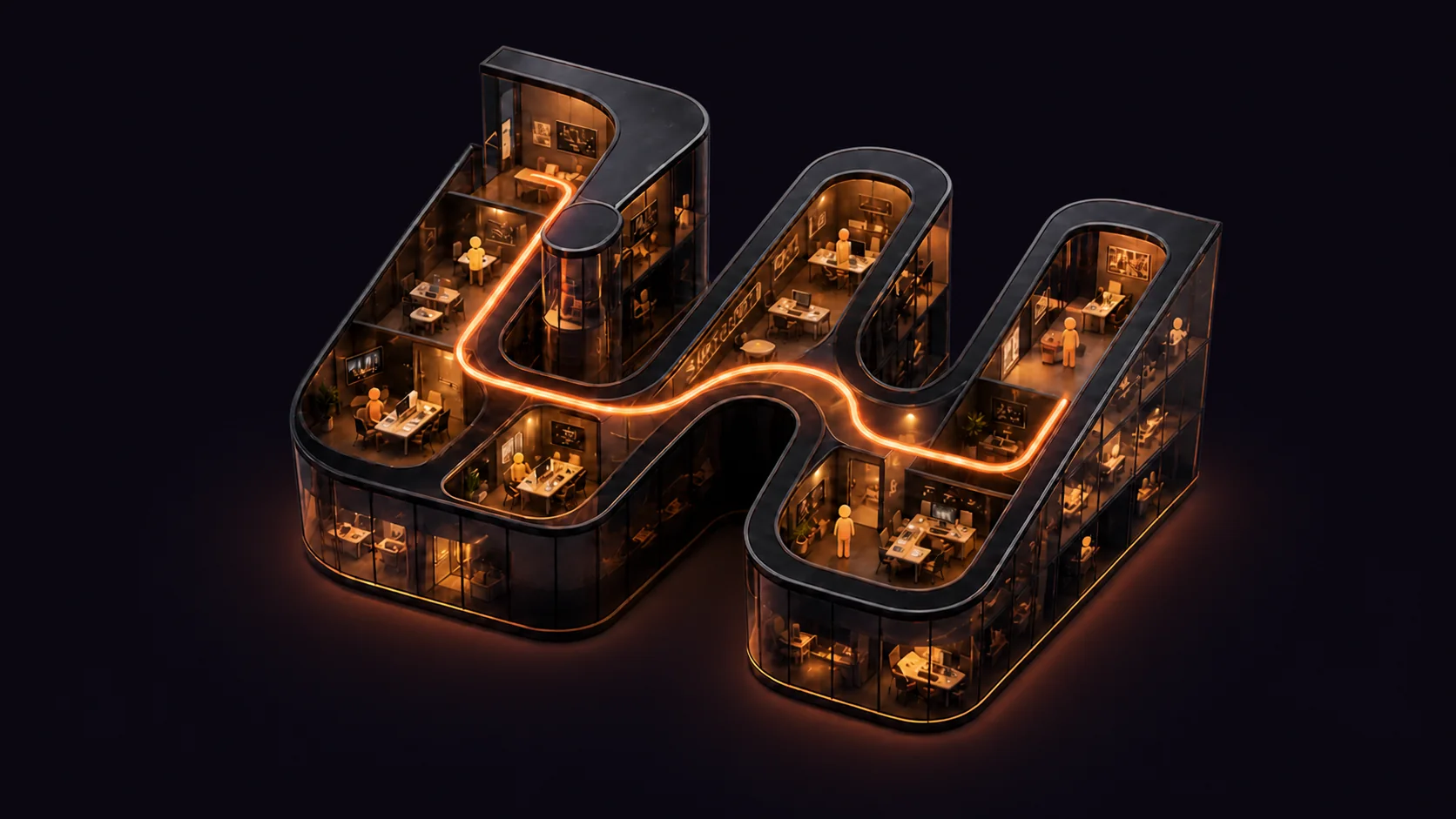 Workora's W-shaped workspace, with AI teammates connected across customer work and operations.